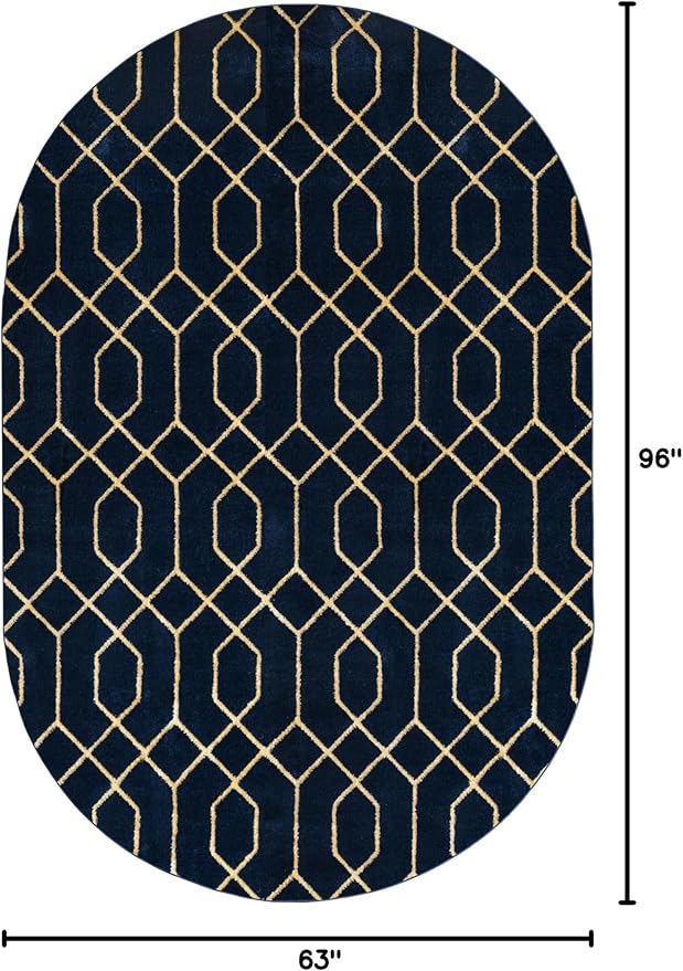 Unique Loom Glam Collection Area Rug - Trellis (5' 3' x 8' Oval, Navy Blue Gold/ Gold)