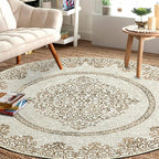 Easy-Going Round Rug 6ft Area Rug Washable Boho Neutral Circle Rugs for Living Room Non-Slip Bedroom Rug Low Pile Lightweight Floral Brown Print Vintage Throw Rug for Dining Room Kitchen Home Office
