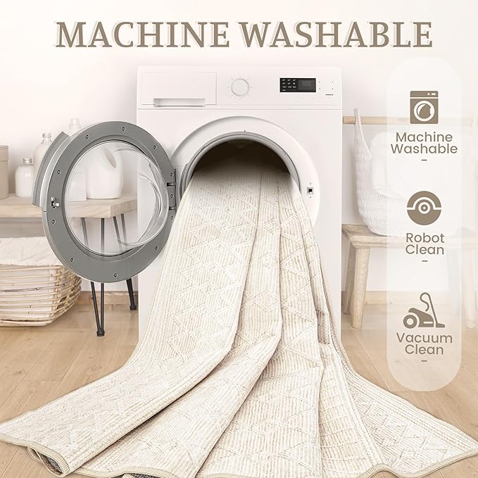 4x6 Geometric Rug: Washable Boho Moroccan Throw Rug Neutral Modern Farmhouse Indoor Soft Non Slip Ultra Thin Printed Pattern Rugs for Kitchen Bedroom (Beige, 4'x6')