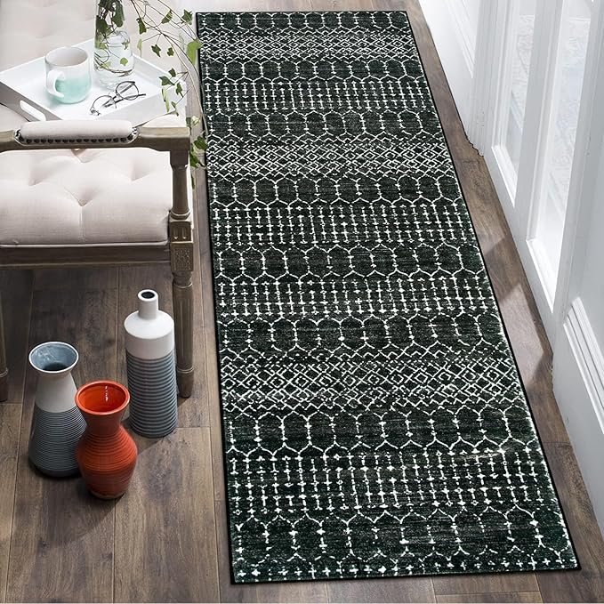 Lahome Moroccan Black Washable Runner 2x5 Non-Slip Lightweight Laundry Room Rug Throw Soft Long Bathroom Rug, Geometric Print Carpet Runners for Kitchen Hallway (Black, 2'x5'')