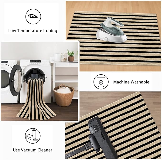 Outdoor Rug Front Door Mat 2'x4.3', Cotton Indoor Doormat Washable Black and Tan Striped Rug, Stain Resistant Reversible Layered Door Mats for Entryway/Farmhouse/Home Entrance
