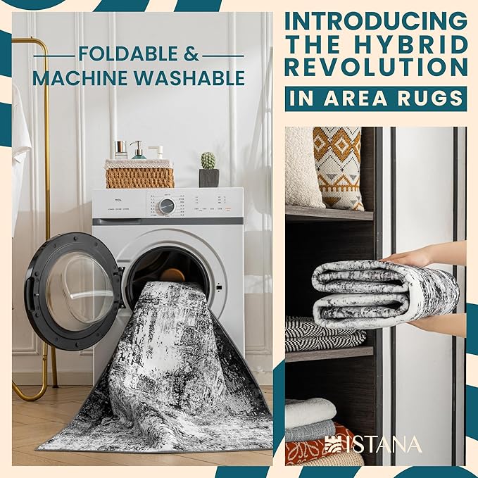 Istana 2x3 Area Rug - Grey Black Boho Rugs for Living Room 2x3 - Foldable Small Rugs for Bedroom - Stain Resistant Washable Rug Non Slip - Eco-Friendly Area Rugs Indoor