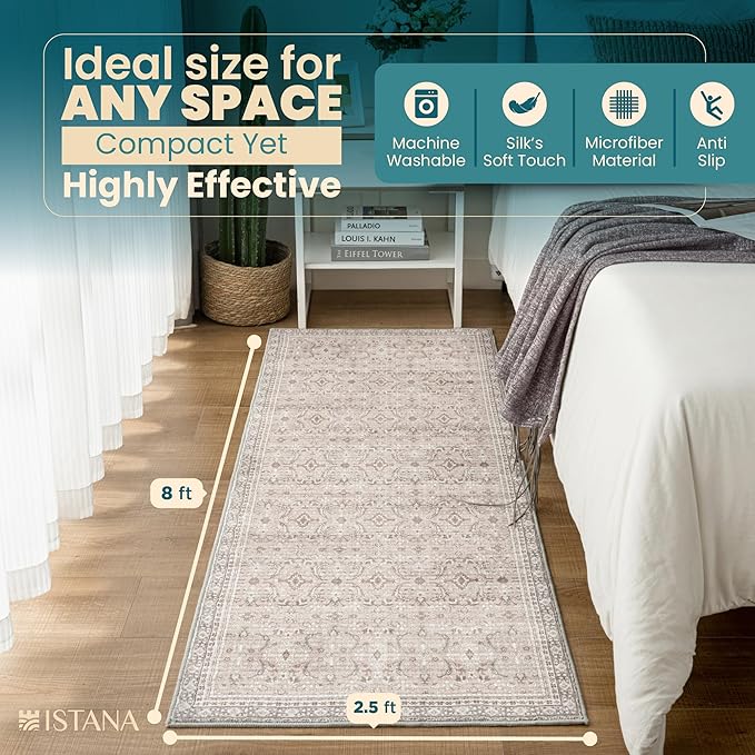 Istana Hallway Runner Rug 2.5x8 – Beige Grey/Light Cream Entryway Rug -Silk's Soft Touch Runners for Hallways - Stylish Kitchen Runner Rug Non Slip