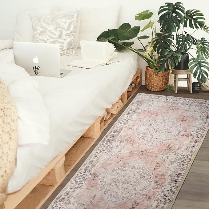 MUJOO Non Slip Boho Pink Runner Rug, Machine Washable for Hallways Entryway Kitchen Bathroom Bedside Retro Soft Low-Pile 2'x6' Blossom