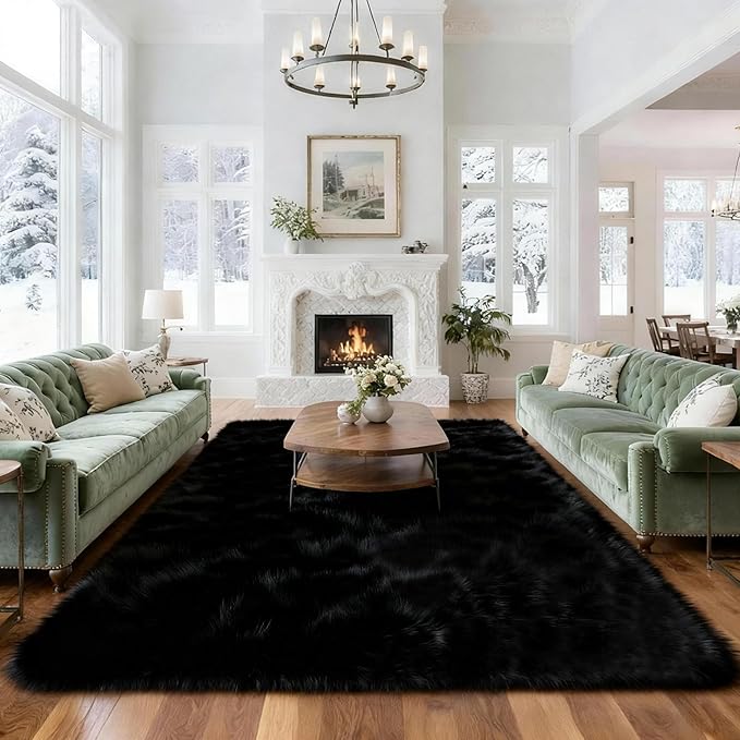 8x10 Solid Fluffy Black Area Rug – Washable, Durable, Extra Large Living Room Rug, Non-Slip High Pile Shag Rugs for Bedroom, Playroom, Nursery Rooms, Kids Room, Soft Indoor Floor Carpet Decor