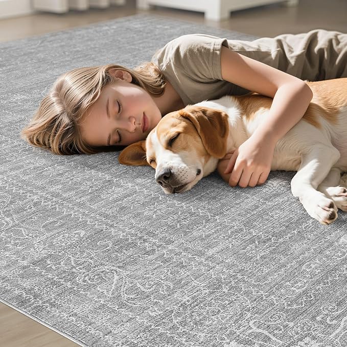10x14 Area Rugs Living Room: Washable Large Vintage Grey Rug Neutral Non-Slip Soft Stain Resistant Indoor Carpet for Bedroom Nursery Dining Room Under Table Bed Home House Office Playroom