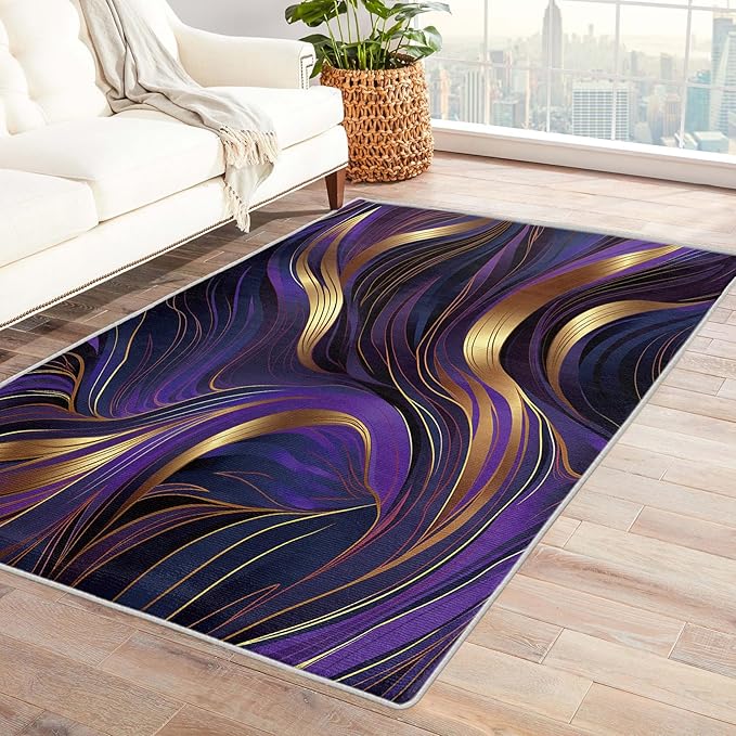 Purple and Gold Rug, 2x3 Rug, Luxury Rugs for Entryway, Abstract Small Area Rug, Washable Rug Non Slip Soft Indoor Carpet, Kids and Pets Friendly, Purple and Gold Home & Room Decor