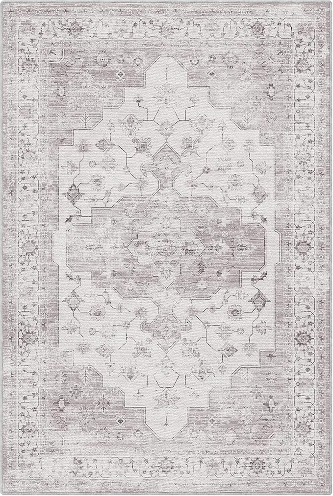 LUMI 8x10 Washable Low-Pile Area Rug for Living Room, Ultra Soft Vintage Rugs with TPE Non Slip Backing, Stain Resistant, Low Profile Carpet High Traffic for Bedroom, Dining Room