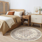 Round Rug Living Room Rugs: 4x4 Washable Boho Neutral Circle Soft Non-Slip Indoor Vintage Stain Resistant Floor Farmhouse Carpet for Bedroom Nursery Kids Playroom Entryway Dorm Home- Beige Brown