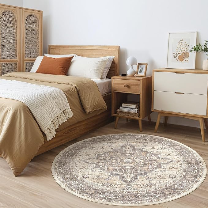 Round Rug Living Room Rugs: 4x4 Washable Boho Neutral Circle Soft Non-Slip Indoor Vintage Stain Resistant Floor Farmhouse Carpet for Bedroom Nursery Kids Playroom Entryway Dorm Home- Beige Brown