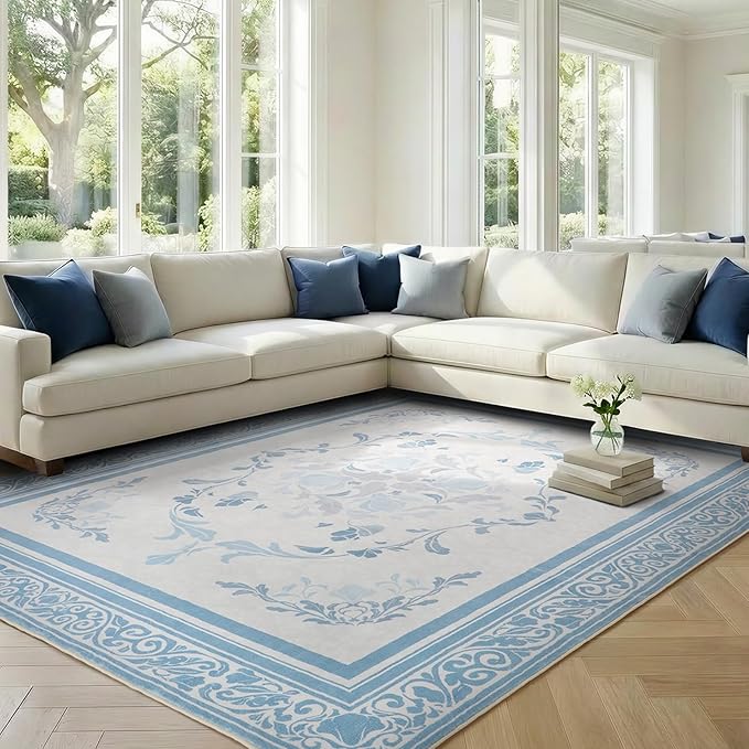 SOULFUL Medium Pile 3x5 Area Rug - Cozy Soft Underfoot Small Entryway Rug - Mist Blue Boho Floral - Washable Non-Slip - Perfect for Living Room Bedroom Foot Kids Room Reading Nook