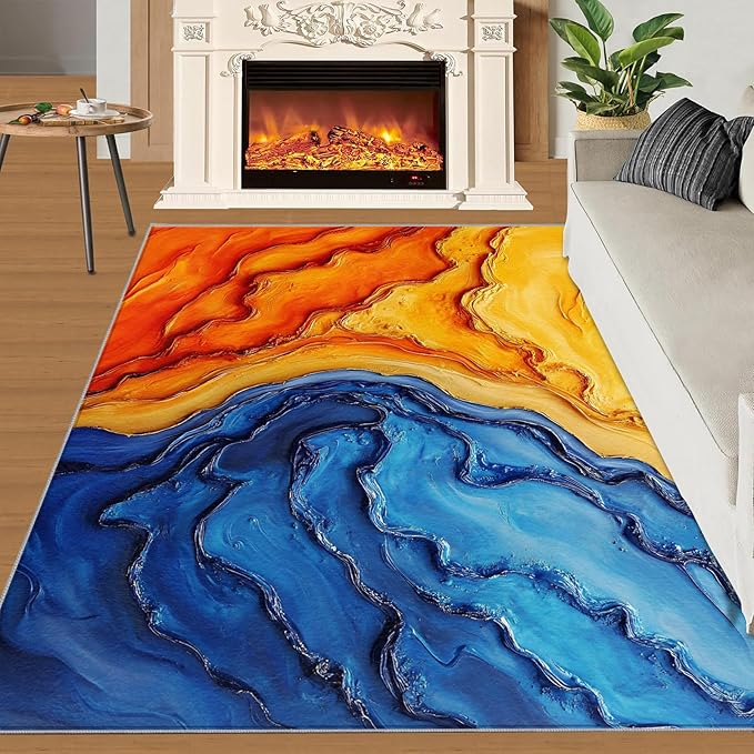 Navy Blue Rugs for Bedroom - 6x9 Area Rug - Abstract Blue Orange Rugs for Living Room, Modern Simple Art Rug, Washable Home Decor Carpet