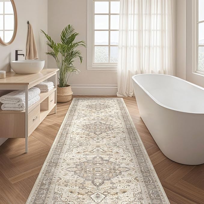 Runner Rug Kitchen Washable Rugs: 2x6 Non-Slip Boho Soft Vintage Stain Resistant Indoor Floor Neutral Farmhouse Throw Carpet for Hallway Bathroom Laundry Room Entryway Bedroom- Brown