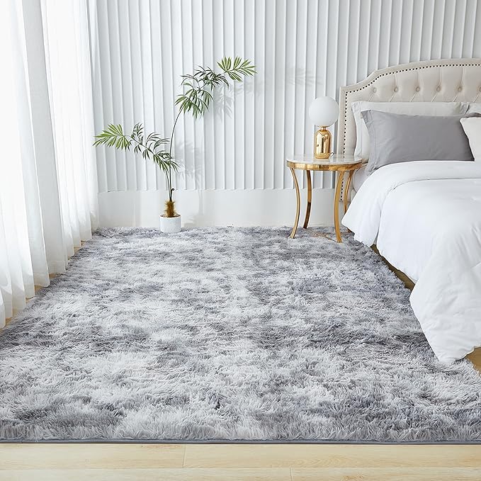 Andency Soft Area Rugs for Living Room Bedroom, 4x6 Non-Slip Fluffy Shag Carpet, Indoor Floor Fuzzy Shaggy Living Room Plush Rug for Kids Dorm Nursery Home Decor Aesthetic, Tie-Dyed Light Grey