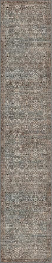 2x10 Runner Rug Machine Washable Boho Runners for Hallway,Ultra-Thin Low Pile Rug,Lightweight Indoor Carpet,Non Slip Floral Runners for Enrtyway, Corridor, Home Office, Kitchen,Grayish Blue