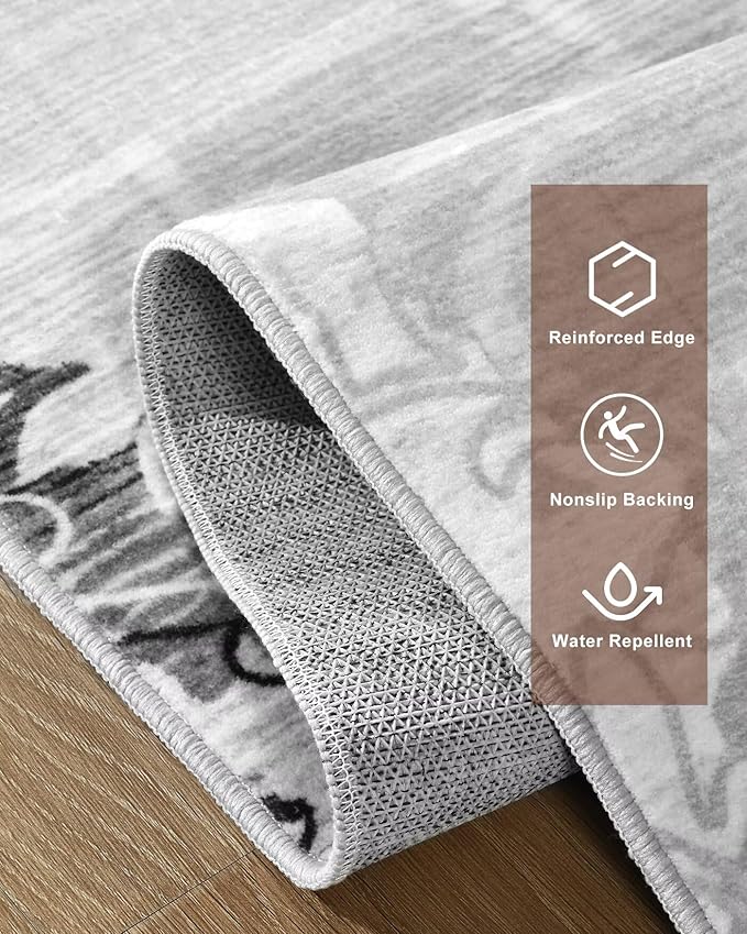 Washable Abstract Rug, 6x9 Classic Grey and White Floral Area Rugs with Non-Slip Rubber Backed for Living Room, Low Pile Modern Throw Carpet Bedroom Dining Room Decor
