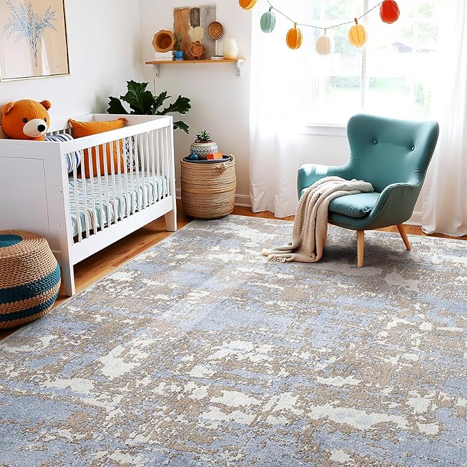 WITSHOCK 8x10 Area Rugs for Living Room: Washable Abstract Large Rug for Dining Room Bedroom Carpet Non Slip 8 by 10 Indoor Modern Nursery Home Office Blue Brown