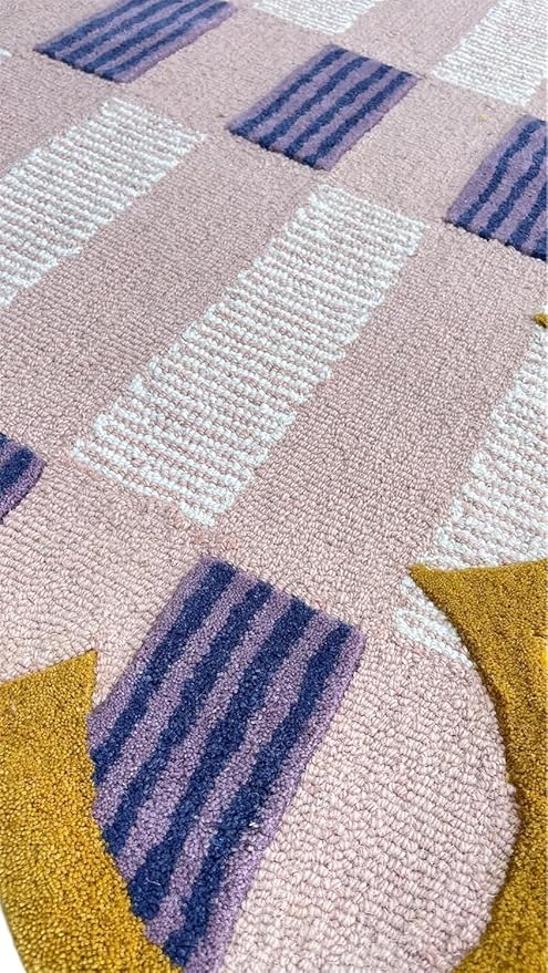 Hand-Tufted Wool Rug with Scalloped Edges, Light Blue Plaid Pattern, Cozy Soft Area Rug for Living Room, Bedroom, and Nursery, Handmade Modern Accent Rug (Pink, 12X15 FEET)