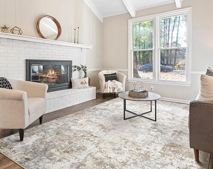 8x10 Area Rug Living Room Rugs - Washable Neutral Modern Abstract Soft Thin Large Rug Indoor Floor No Slip Rug Carpet for Bedroom Under Dining Table Home Office Decor - Brown Grey