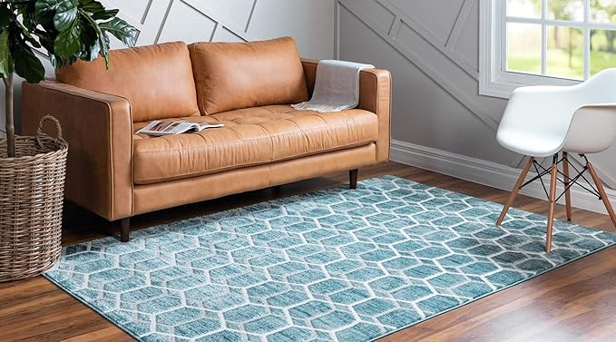 Rugs.com Lattice Trellis Collection Rug – 5' x 8' Blue Low-Pile Rug Perfect for Living Rooms, Large Dining Rooms, Open Floorplans