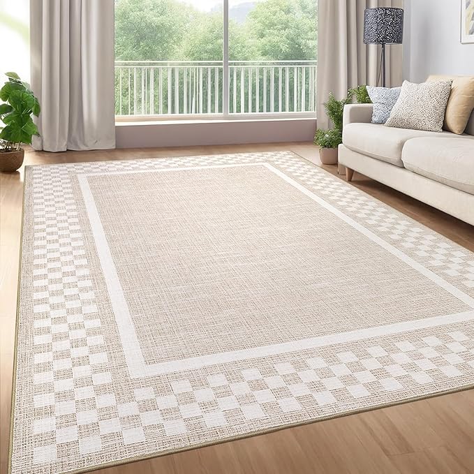 GarveeHome Washable Area Rugs 10x13 Non Slip Soft Large Living Room Rug Modern Checkered Bedroom Rug Soft Geometric Bordered Throw Carpet for Dining Room Home Decor Office Nursery, Beige
