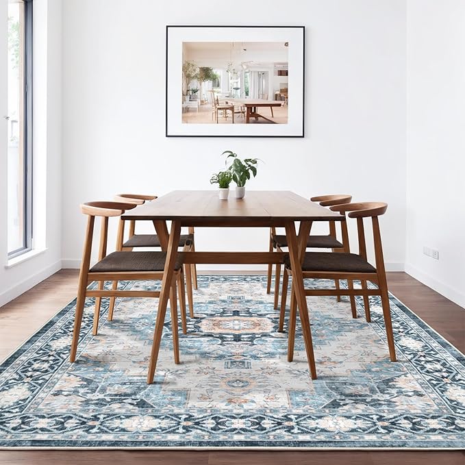 Washable 6×9 Area Rug for Living Room, Vintage Floral Rug Soft Non Slip Stain Resistant Boho Carpet for Indoor Bedroom Dinning Room Home Office Blue/Ivory