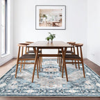 Washable 9×12 Area Rug for Living Room, Vintage Floral Rug Soft Non Slip Stain Resistant Boho Carpet for Indoor Bedroom Dinning Room Home Office Blue/Ivory
