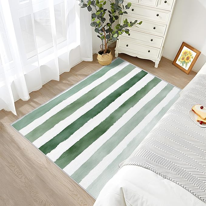 Striped Large Area Rug - 7x10 Rug - Green and White Stripe Minimalist Watercolor Rugs for Living Room Non Slip Low Pile Machine Washable Area Rugs, Striped Carpets Home Decor & Gifts