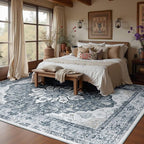 Area Rugs 6'x8' Washable Non-Slip, Floral Vintage Distress Print Pattern Medallion Carpet for Living Room Bedroom Dining Room, Light Gray Grey White