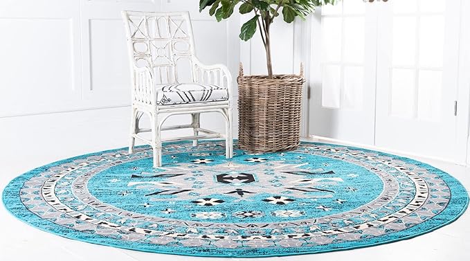 Unique Loom Taftan Collection Border Geometric Tribal Inspired Design Area Rug (8' 0 x 8' 0 Round, Turquoise/ Gray)