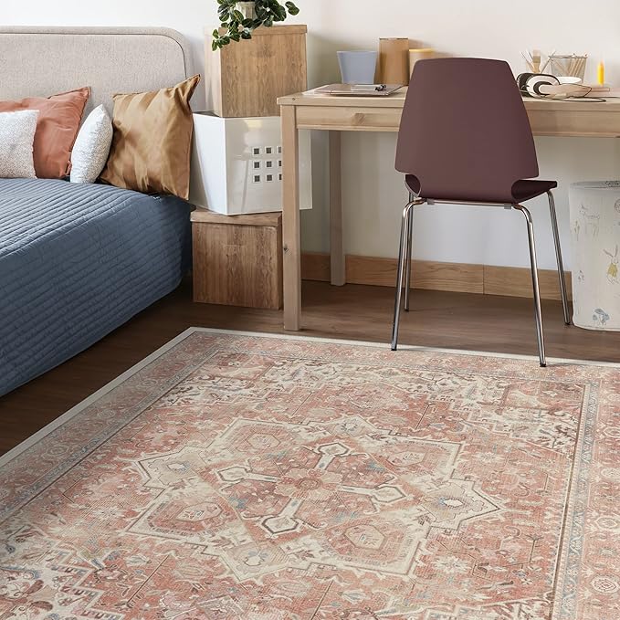 RUGGABLE Washable Area Rug – Kamran Rose Pink 5x7, Stain-Resistant, Non-Slip – Medium Machine Washable Rugs for Living Room, Bedroom, Hallway, Entryway & Office–with Cushioned Pad