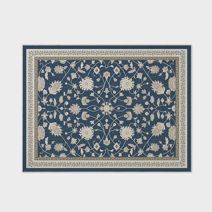 EVERGRACE Area Rugs for Living Room 9x12, Boho Floral Faux Wool Indoor Outdoor Rugs, Washable Rugs for Bedroom Dining Room Entryway Kitchen, Low Pile Floor Mat Carpet for Home Decor, Navy Blue