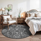 6ft Round Washable Area Rugs for Living Room, Vintage Boho Large Rug for Bedroom Dining Room Office, Distressed Floral Print Carpet for Under Table, Soft Non Slip Low Pile Throw Indoor Mat, Black