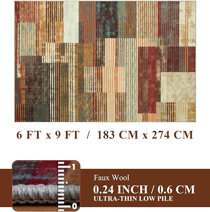 YIHOUSE Brown Area Rug 6x9, Farmhouse Rugs Washable,Vintage Burgundy Carpets for Bedroom,Burnt Orange Area Rug Non Slip,Geometric Boho Rug for Kitchen,Dining Room