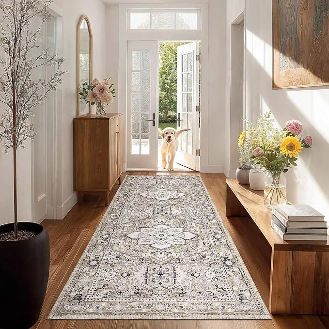 PURRUGS Vintage Farmhouse Boho Runner Rug 2'6" x 6', Non-Slip Machine Washable Rug, Accent Area Rug for Kitchen, Hallway, Entryway, Bedroom, Living Room and Dining Room, Taupe/Vanilla