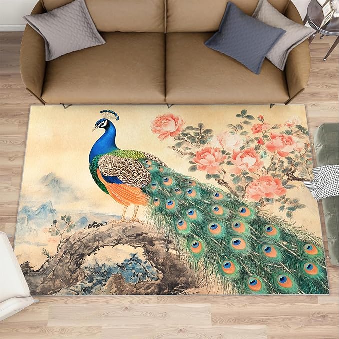Peacock Peony Flower Area Rug 3x5-3x5 Rug, Classic Peacock Peony Rugs for Living Room, Oriental Carpet, Floral Animal Washable Area Rugs for Bedroom, Aesthetics Carpet - Peafowl Home Decor & Gifts