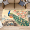 Peacock Peony Flower Area Rug 5x6-5x6 Rug, Classic Peacock Peony Rugs for Living Room, Oriental Carpet, Floral Animal Washable Area Rugs for Bedroom, Aesthetics Carpet - Peafowl Home Decor & Gifts