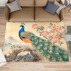 Peacock Peony Flower Area Rug 4x5-4x5 Rug, Classic Peacock Peony Rugs for Living Room, Oriental Carpet, Floral Animal Washable Area Rugs for Bedroom, Aesthetics Carpet - Peafowl Home Decor & Gifts