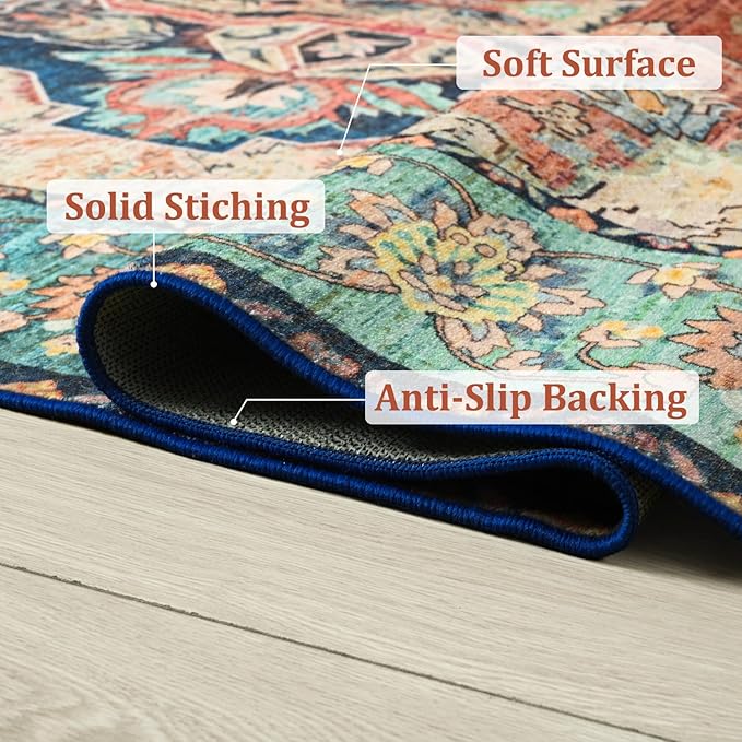 Large Area Rugs 8x10, Low Pile Washable Rugs, Soft Vintage Distressed Rugs for Living Room Bedroom, Office, Dining Room, Water Repellent & Non Shedding, Terracotta