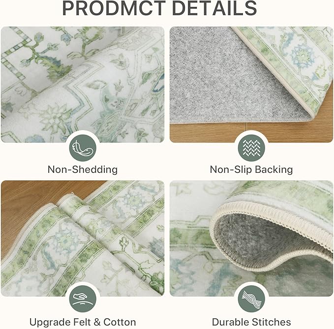 8x10 Area Rugs for Living Room, Machine Washable Non Slip Vintage Rugs, Low Pile Lightweigt Print Indoor Rug for Bedroom, Dining Room, Home Office, Cream Green