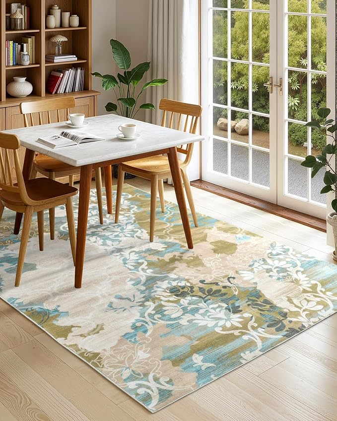 Washable Abstract Rug, 9x12 Willow Green and Blue Floral Area Rugs with Non-Slip Rubber Backed for Living Room, Low Pile Modern Throw Carpet Bedroom Dining Room Decor