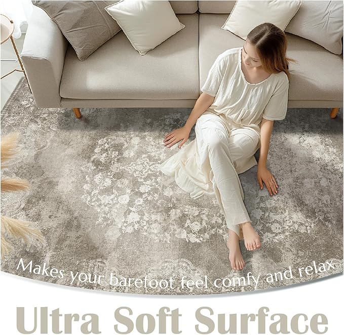 jinchan Washable Area Rug 3x5 Entryway - Soft Distressed Vintage Floral Indoor Bedroom Rug Faux Wool Low Pile Small Oriental Accent Carpet for Kitchen, Entrance, Bedside, Dining Room(Brown, 3'x5')
