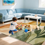 Boho Tropical Leaves Washable Living Room Area Rug, Low Profile Abstract Pattern, Non-Slip Backing Carpet for Kitchen, Bedroom, Dining Room