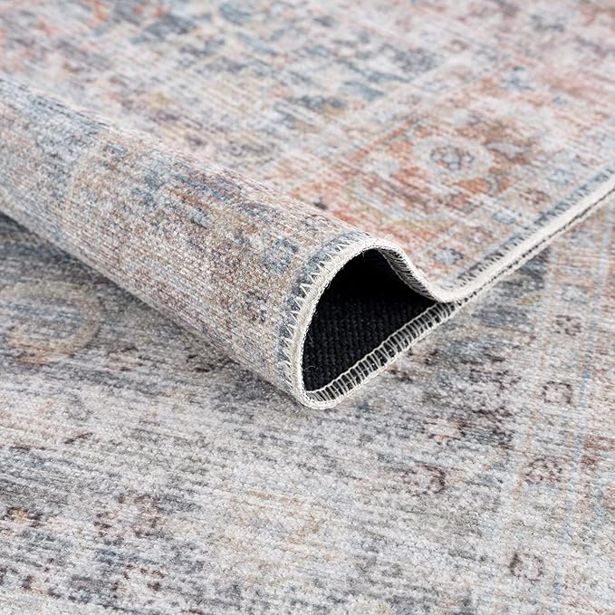 Bloom Rugs Caria Washable Non-Slip 10 ft Runner - Ocean Blue/Brick Traditional Runner for Entryway, Hallway, Bathroom, and Kitchen - Exact Size: 2'6" x 10'