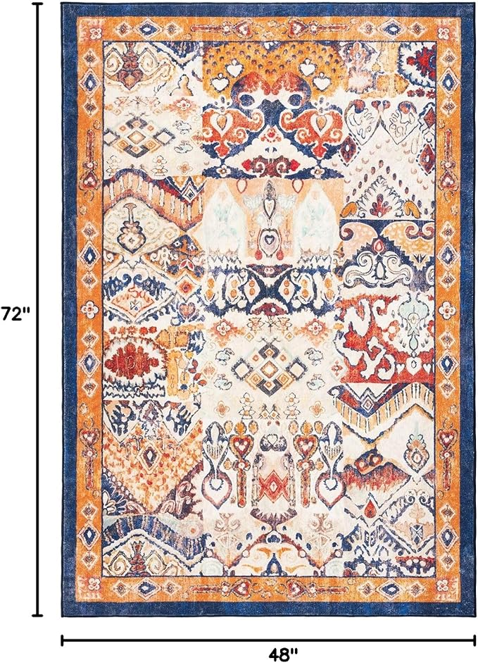 Phantoscope Washable Area Rug 4'x6' Non-Slip, Vintage Boho Rugs for Living Room, Bedroom, Dining Room, Distressed Persian Market Pattern, Low-Pile Foldable Floor Carpet, Navy/Orange