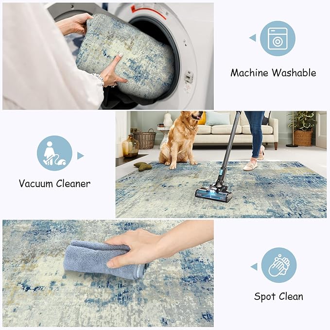 Lahome Modern Abstract 9x12 Area Rugs for Living Room, Washable Living Room Rug for Bedroom Low Pile Non Slip, Soft Indoor Accent Carpet for Dining Room Table Apartment, Blue/Grey