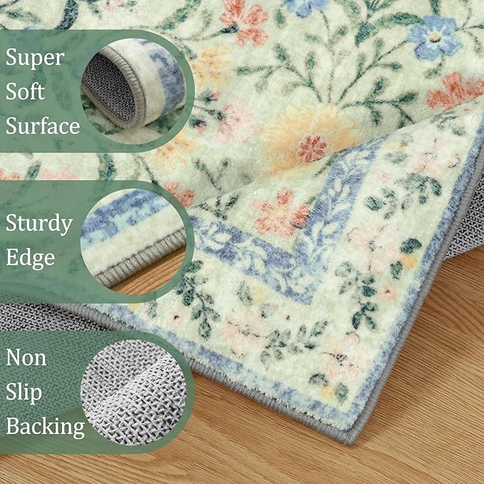 Morebes Washable Area Rugs 5x7 for Living Room, Boho Floral Green and Pink Nursery Rug Non Slip, Soft Vintage Flower Indoor Floor Carpet for Bedroom Dining Room, Sage Green