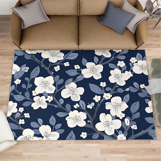 Boho Rugs for Bedroom - 5x7 Area Rug - Blue White Flowers Rugs for Living Room, Vintage Modern Flowers Rug, Washable Home Decor Carpet