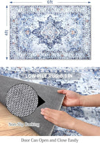 COMSLE 4x6 Rugs for Living Room Washable Area Rugs for Bedroom Faux Wool Distressed Throw Rugs Absorbent Non-Slip Floor Carpet for Indoor Kitchen Laundry Room Blue