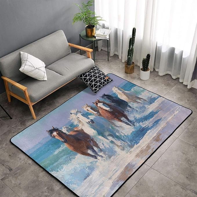 Horse Run Gallop in Waves Ocean Area Rug Washable Outdoor Rugs Anti-Slip Soft Carpet Entryway Indoor Door Mat for Bedroom,Living Room,Porch,Terrace and Entrance Decor 9'x 6'